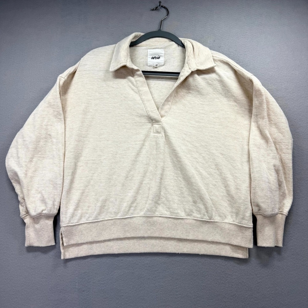 Aerie Polo Sweater Womens Small Beige Oversized Fit Raglan Sleeve High Low Slit